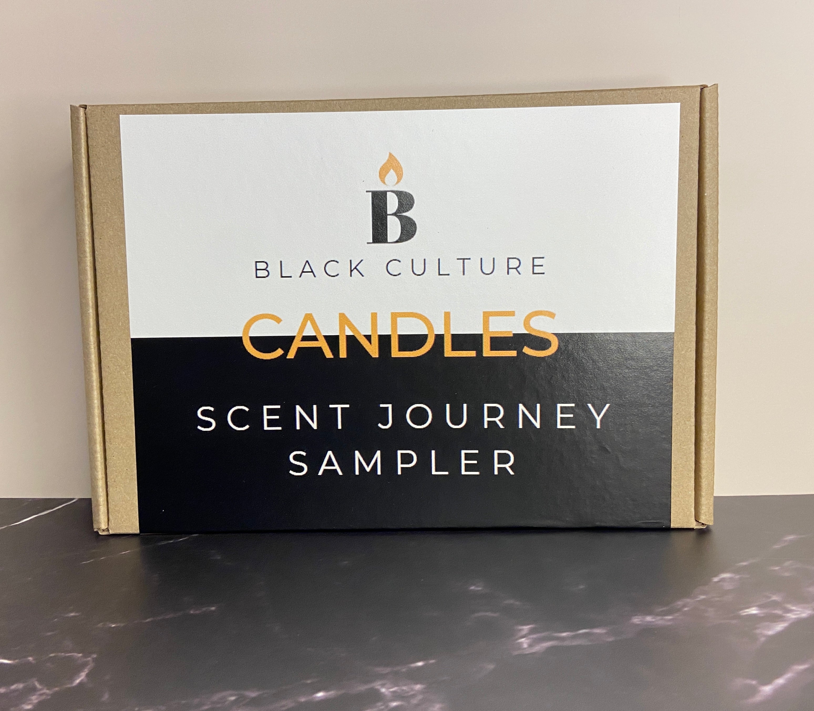 Scent Journey Sampler set of six 2oz candles in matte black tins, hand-poured with vegan coconut apricot wax and crackling wood wicks. Includes Grandma’s Garden, Black Joy, Black Love, Friday Night, Cleaning Day, and Rhythm & Blues—crafted for joy, culture, and connection. Guided scent journey video included.