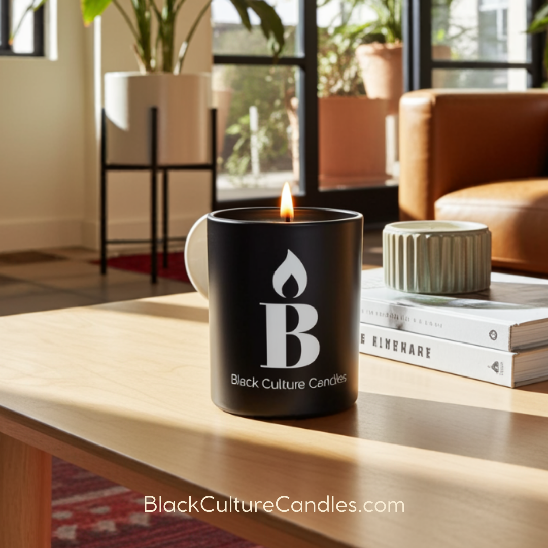 Black Culture Candles Black Joy 8oz matte black etched glass candle styled in a warm modern interior with books and plants