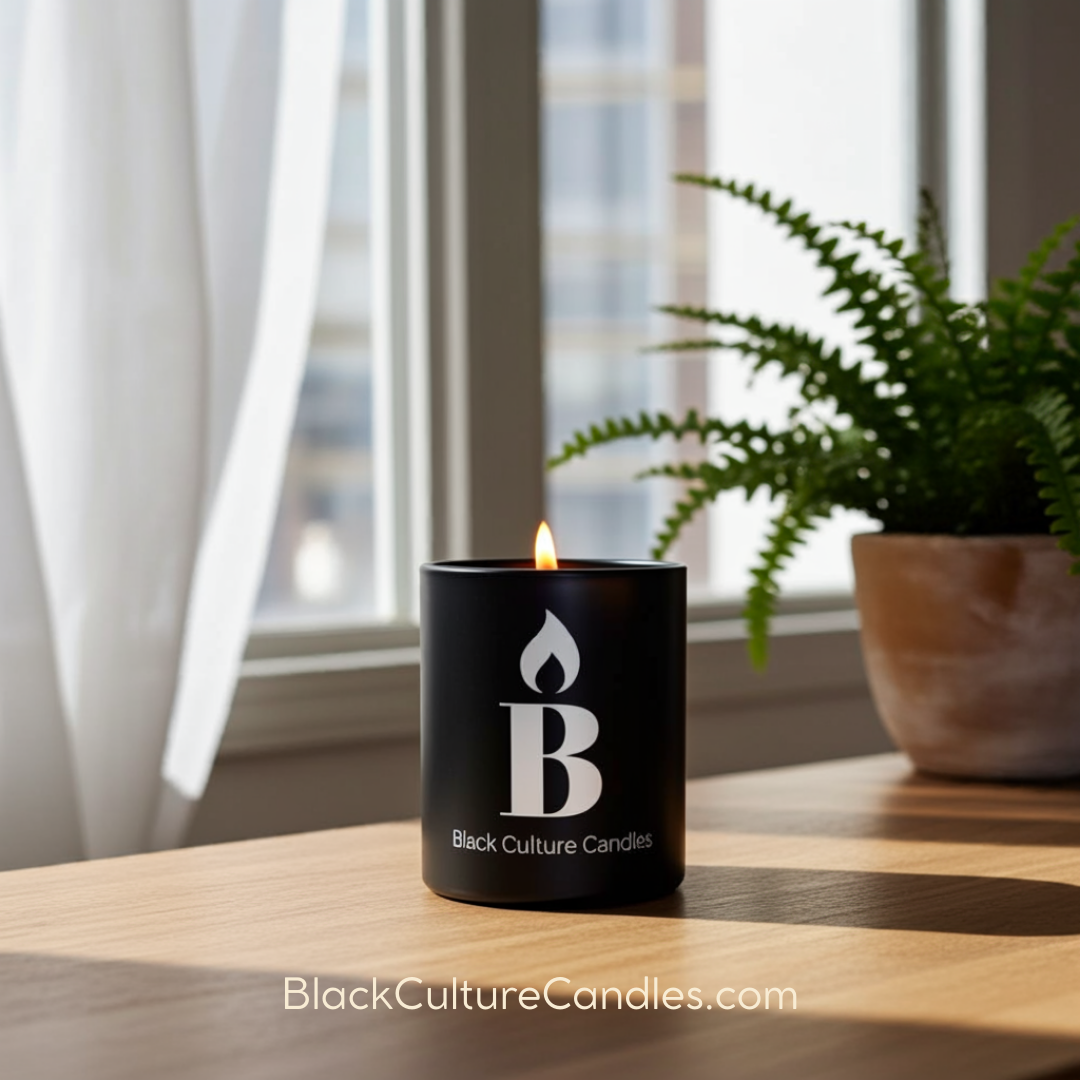Black Culture Candles Cleaning Day 8oz matte black etched glass candle on a windowsill in natural light with a green plant