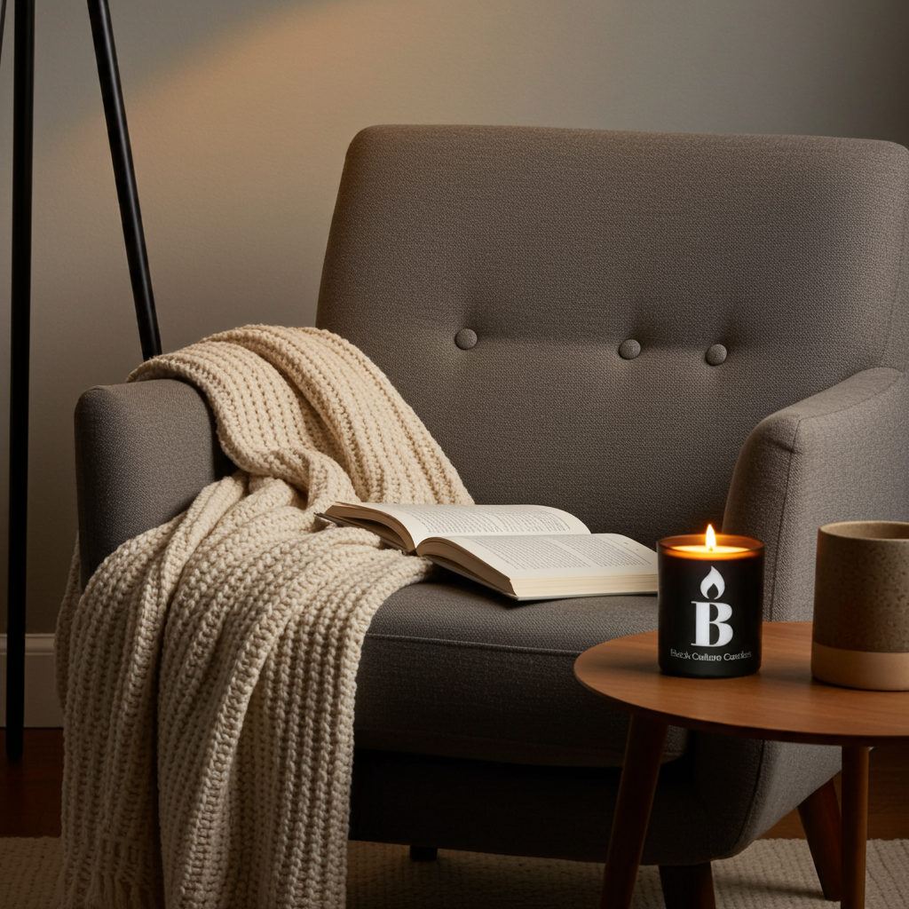 Black Culture Candles Friday Night 8oz matte black etched glass candle styled beside an armchair with a neutral throw blanket