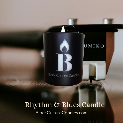 Black Culture Candles Rhythm & Blues 8oz matte black etched glass candle in a warm interior setting