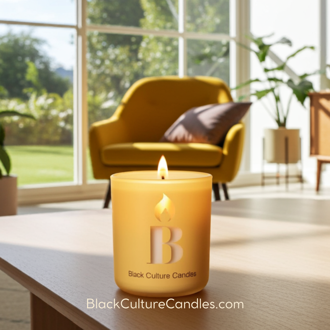 Hand-poured Black Joy candle in etched glass, 8oz or 13oz. Vegan coconut apricot wax and a crackling wood wick fill your space with citrus, pineapple, jasmine, and amber notes—crafted to brighten your day and celebrate joy.