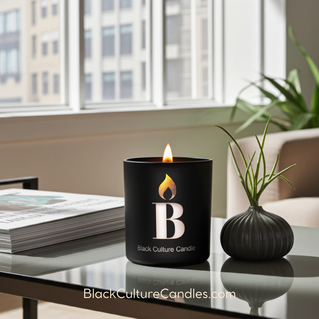 Hand-poured Black Love candle in etched matte black glass, 8oz or 13oz. Vegan coconut apricot wax and a crackling wood wick, with notes of orchid, sandalwood, musk, amber, and tonka bean and slow crafted to honor connection, care, and culture.