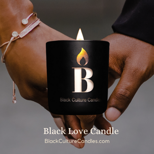Hand-poured Black Love candle in etched matte black glass, 8oz or 13oz. Vegan coconut apricot wax and a crackling wood wick, with notes of orchid, sandalwood, musk, amber, and tonka bean—crafted to honor connection, care, and culture.