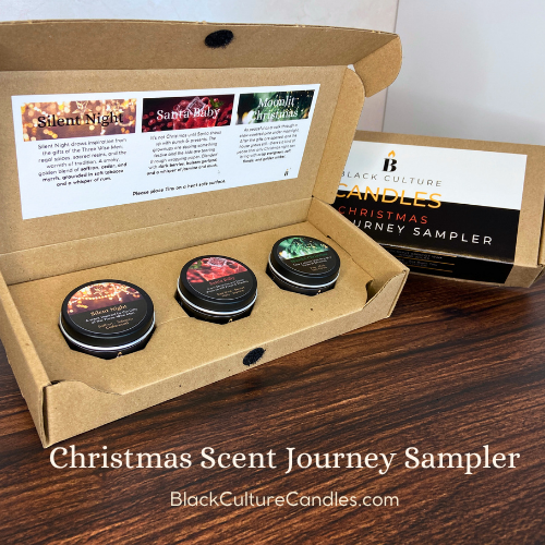 Christmas Scent Journey Sampler by Black Culture Candles® — a limited-edition luxury candle gift set featuring three festive 2oz tins: Moonlit Christmas, Silent Night, and Santa Baby. Handcrafted with a shimmering vegan coconut-apricot wax blend, sustainably sourced crackling wood wicks, and high-quality phthalate-free fragrance oils, this beautifully boxed sampler captures the warmth, joy, and stillness of the holiday season.