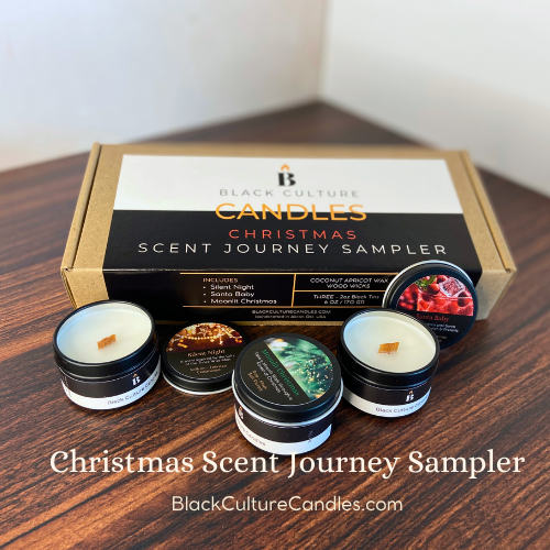 Christmas Scent Journey Sampler by Black Culture Candles® — a limited-edition luxury candle gift set featuring three festive 2oz tins: Moonlit Christmas, Silent Night, and Santa Baby. Handcrafted with a shimmering vegan coconut-apricot wax blend, sustainably sourced crackling wood wicks, and high-quality phthalate-free fragrance oils, this beautifully boxed sampler captures the warmth, joy, and stillness of the holiday season.