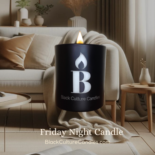 Black Culture Candles Friday Night 8oz matte black etched glass candle lit in a warm neutral living room setting