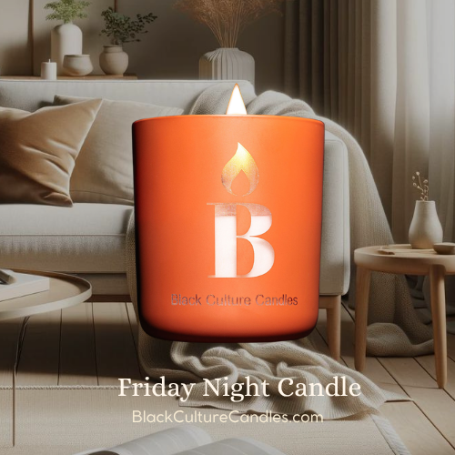 Black Culture Candles Friday Night 13oz clay brown etched glass candle lit on a side table in a warm neutral living room