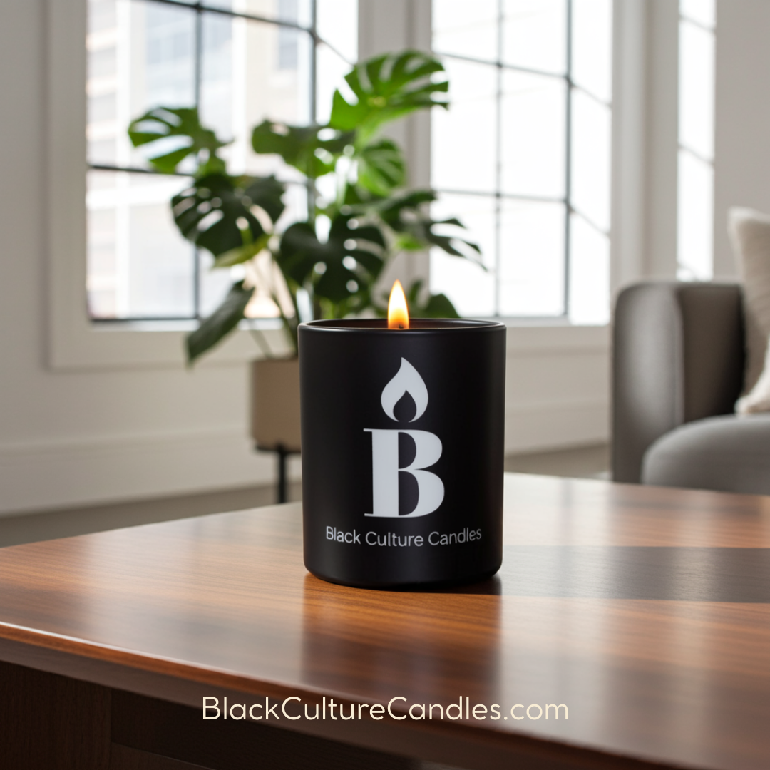 Black Culture Candles Grandma's Garden 8oz matte black etched glass candle in a bright natural light interior setting