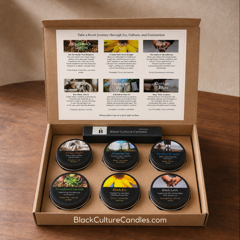 Black Culture Candles Scent Journey Sampler open box with six 2 oz artisan candle tins, inside scent guide, and matches included for a guided fragrance discovery experience.