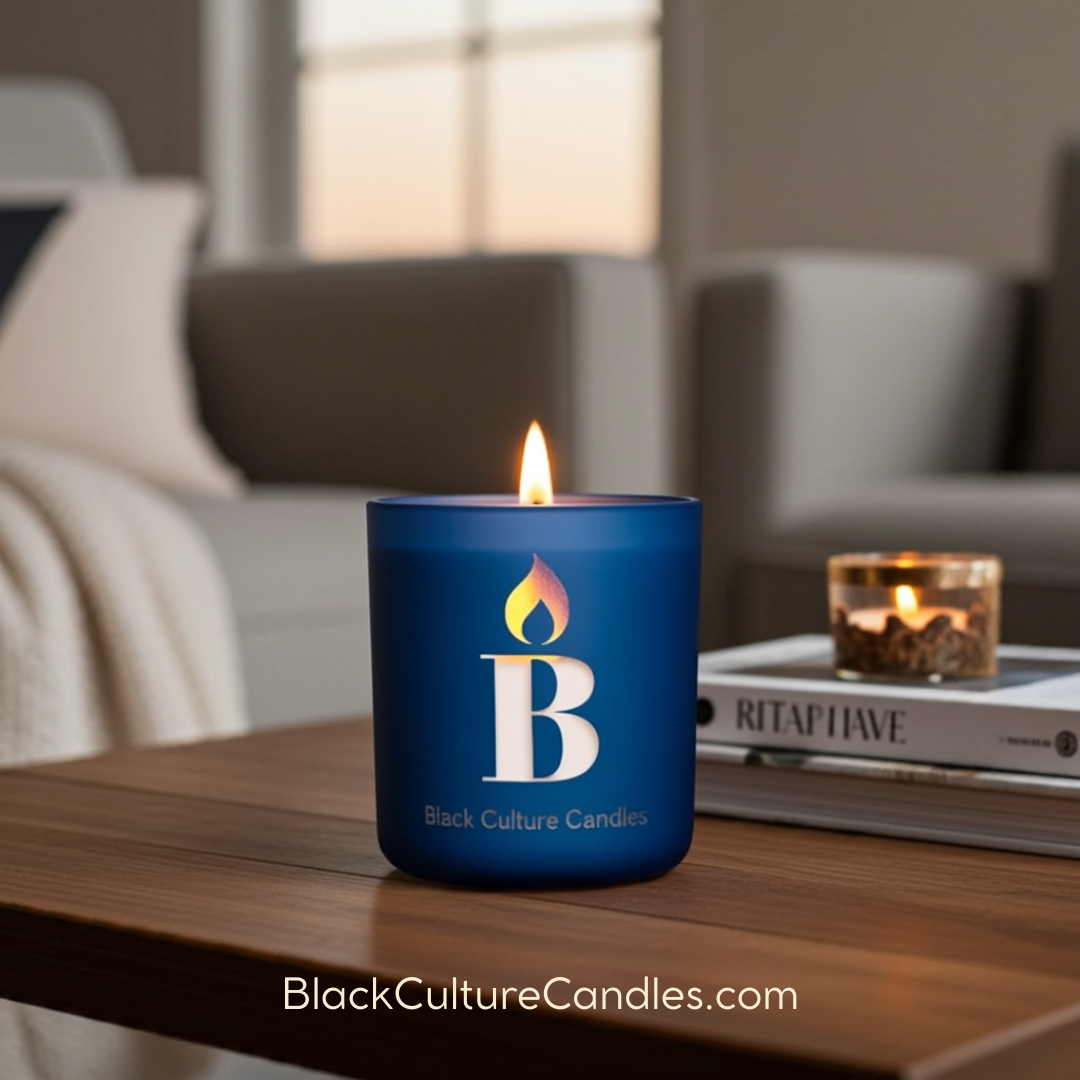 Black Culture Candles Rhythm & Blues 13oz deep blue etched glass candle styled in a modern living room with warm ambient lighting
