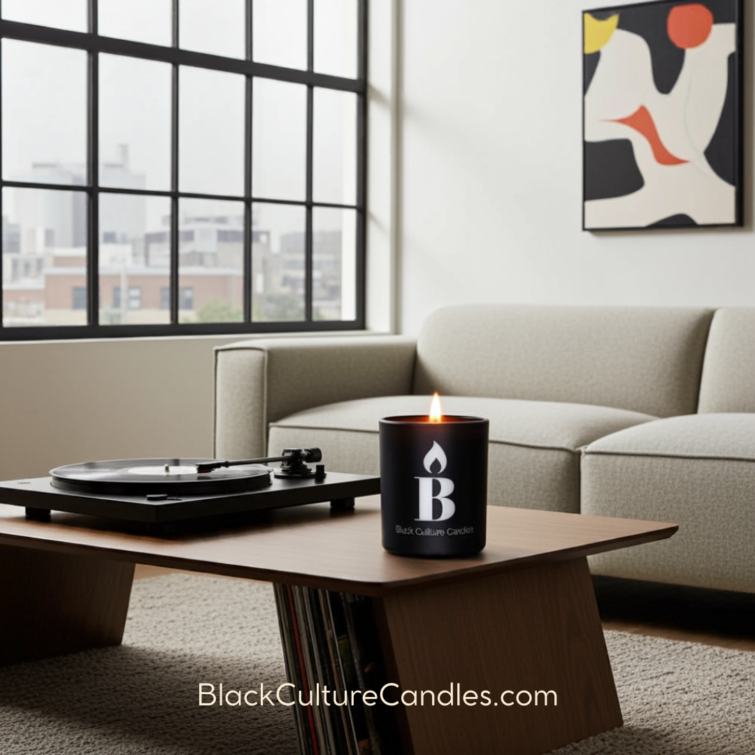Black Culture Candles Rhythm & Blues 8oz matte black etched glass candle on a coffee table in a modern interior with artwork