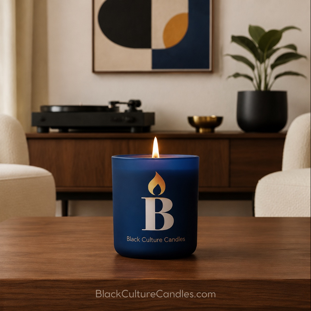 A blue glass Rhythm & Blues candle with a lit flame sits on a wooden table in a cozy living room setting. The jar features an etched stylized letter 'B' with a flame icon above it and the text 'Black Culture Candles' printed below.
