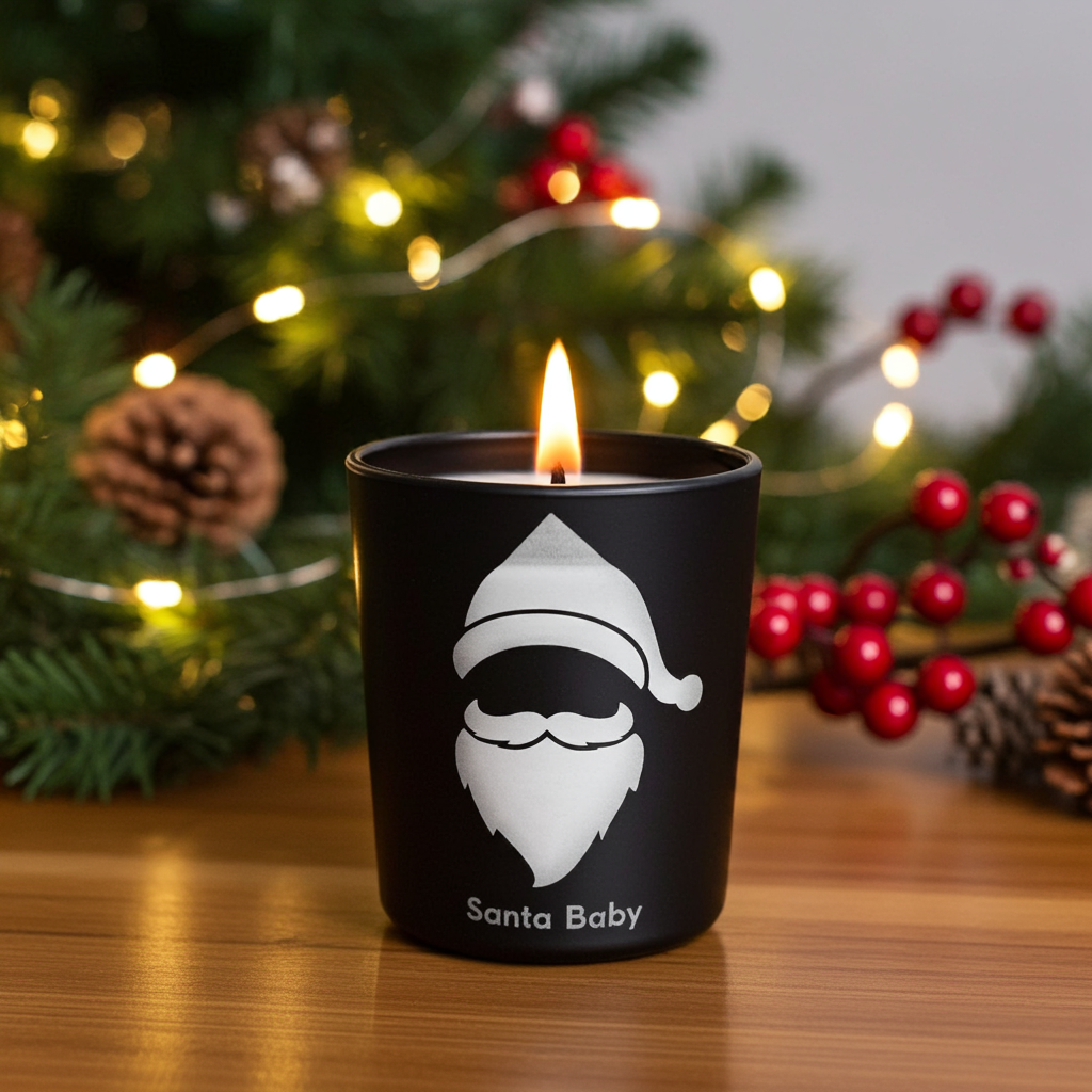 Santa Baby Candle by Black Culture Candles® — a festive luxury Christmas candle in etched matte black glass with a soft holiday glow. Hand-poured with a shimmering vegan coconut-apricot wax blend and a sustainably sourced crackling wood wick, this joyful scent blends strawberry wine, dark plum, jasmine, orange flower, holly berry, vanilla, and musk for a warm, playful fragrance that captures the sparkle of the season