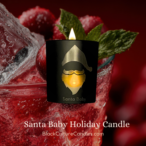 Santa Baby Candle by Black Culture Candles® — a festive luxury Christmas candle in etched matte black glass with a soft holiday glow. Hand-poured with a shimmering vegan coconut-apricot wax blend and a sustainably sourced crackling wood wick, this joyful scent blends strawberry wine, dark plum, jasmine, orange flower, holly berry, vanilla, and musk for a warm, playful fragrance that captures the sparkle of the season