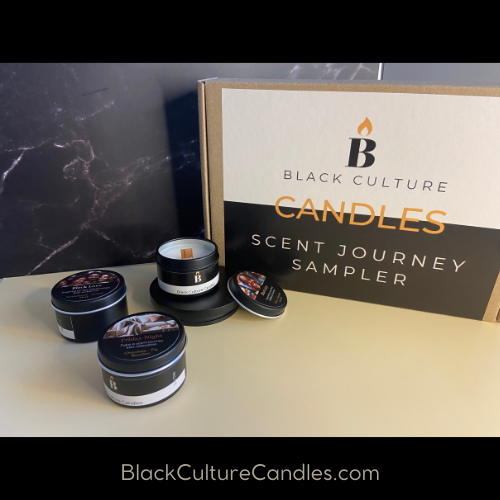 Scent Journey Sampler set of six 2oz candles in matte black tins, hand-poured with vegan coconut apricot wax and crackling wood wicks. Includes Grandma’s Garden, Black Joy, Black Love, Friday Night, Cleaning Day, and Rhythm & Blues—crafted for joy, culture, and connection. Guided scent journey video included.