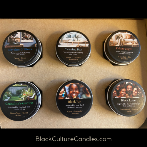 Scent Journey Sampler set of six 2oz candles in matte black tins, hand-poured with vegan coconut apricot wax and crackling wood wicks. Includes Grandma’s Garden, Black Joy, Black Love, Friday Night, Cleaning Day, and Rhythm & Blues—crafted for joy, culture, and connection. Guided scent journey video included.
