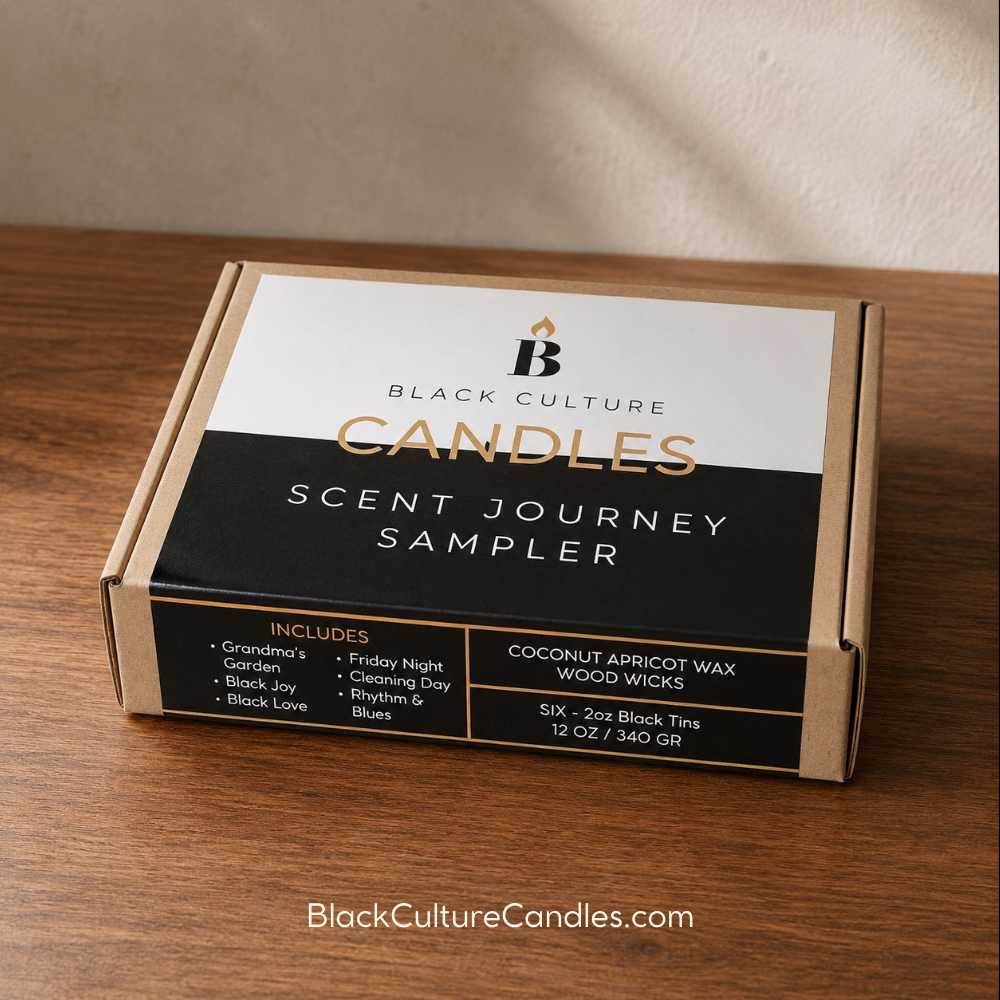 Gift-ready Black Culture Candles Scent Journey Sampler box featuring six 2 oz coconut apricot wax candles with wood wicks and phthalate-free fragrance oils.