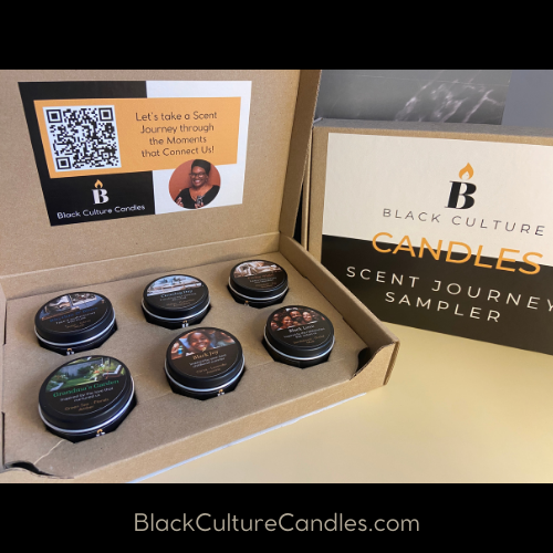 Black Culture Candles Scent Journey Sampler open gift box with six 2oz matte black candle tins and branded inside label