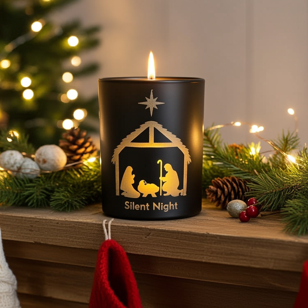 Silent Night Candle by Black Culture Candles® — a luxury artisan Christmas candle in etched matte black glass with a delicate nativity design. Handcrafted with a shimmering vegan coconut-apricot wax blend and a sustainably sourced crackling wood wick, this reflective holiday scent features saffron, cedar, vetiver, amber, tobacco, and myrrh for a warm, timeless fragrance that captures the calm and stillness of Christmas Eve.