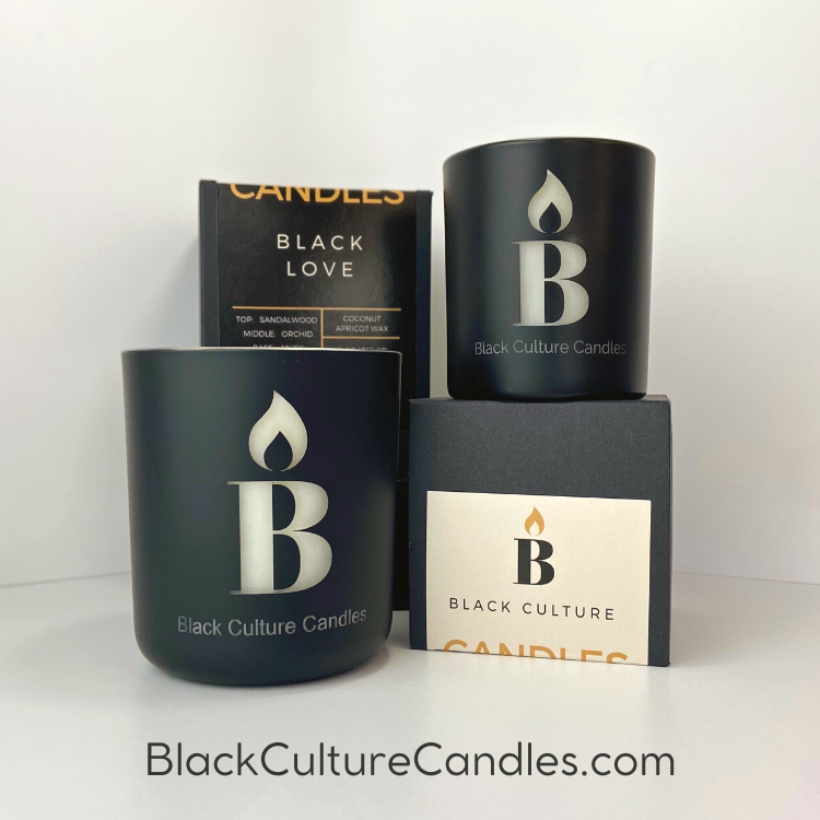Hand-poured Black Love candle in etched matte black glass, 8oz or 13oz. Vegan coconut apricot wax and a crackling wood wick, with notes of orchid, sandalwood, musk, amber, and tonka bean and slow crafted to honor connection, care, and culture.