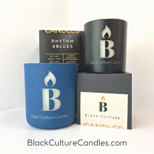 Black Culture Candles Rhythm & Blues candle collection showing 13oz deep blue and 8oz matte black etched glass vessels with gift box