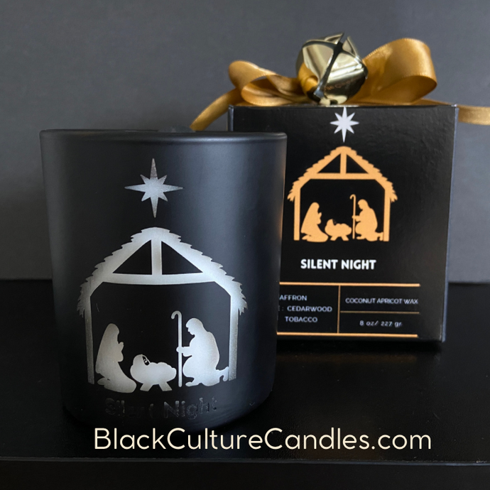 Transform your holiday space with our Silent Night Candle. Enjoy the warm glow of an etched nativity scene on glass and the captivating scent of smoky incense, saffron, cedar wood, and tobacco—a blend inspired by the gifts of the three wise men. Take a scent journey through the moments that connect us and let our Silent Night Candle bring timeless magic and tradition to your holiday.  BlackCultureCandles.com