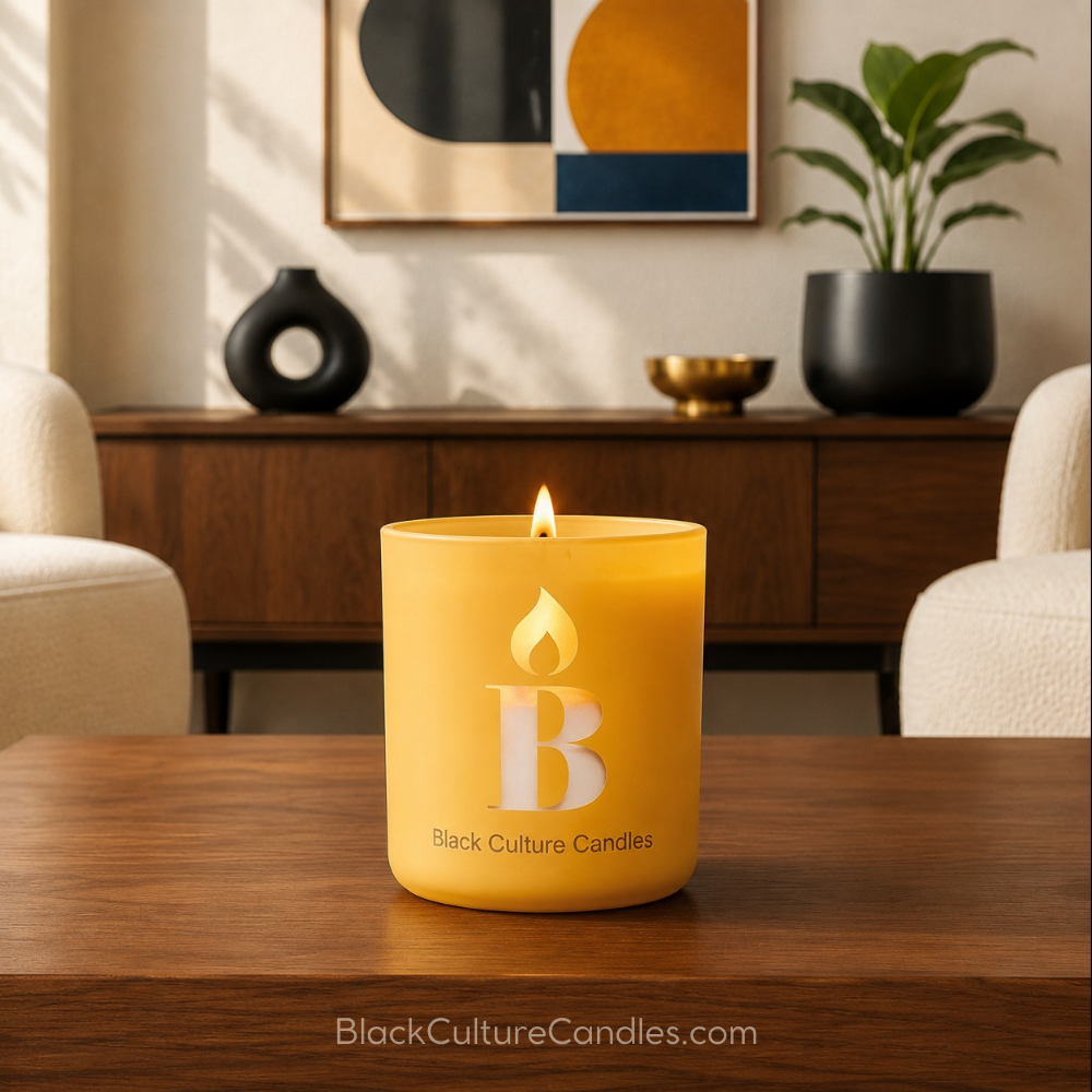 Black Joy candle by Black Culture Candles in laser-etched glass—a bright citrus, lavender, and jasmine fragrance hand-poured in Akron, Ohio.