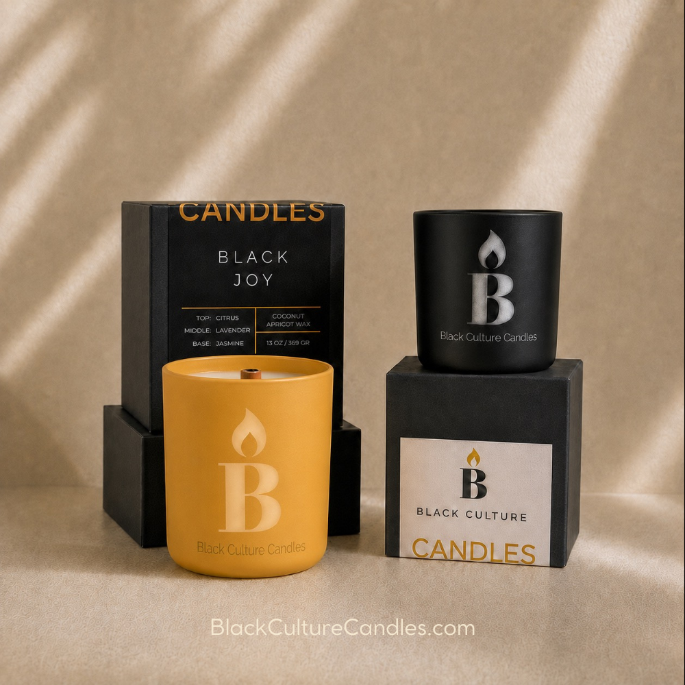 Black Joy candle by Black Culture Candles in laser-etched glass—a bright citrus, lavender, and jasmine fragrance hand-poured in Akron, Ohio.