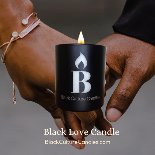 Black Love candle in etched glass jar with rich scent notes of oud, vanilla, and amber — a warm, sensual fragrance handcrafted with non-toxic ingredients and a crackling wood wick to honor connection, intimacy, and Black affection