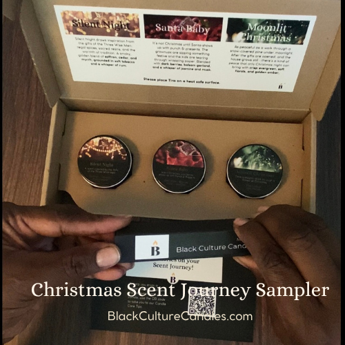 Christmas Scent Journey Sampler by Black Culture Candles® — a limited-edition luxury candle gift set featuring three festive 2oz tins: Moonlit Christmas, Silent Night, and Santa Baby. Handcrafted with a shimmering vegan coconut-apricot wax blend, sustainably sourced crackling wood wicks, and high-quality phthalate-free fragrance oils, this beautifully boxed sampler captures the warmth, joy, and stillness of the holiday season.