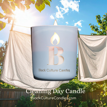Load image into Gallery viewer, Hand-poured Cleaning Day candle in etched glass, 8oz or 13oz. Vegan coconut apricot wax and a crackling wood wick, with notes of melon, cucumber, lemon, eucalyptus, amber, and santal—crafted for fresh starts, joyful resets, and a home that feels truly yours. 
