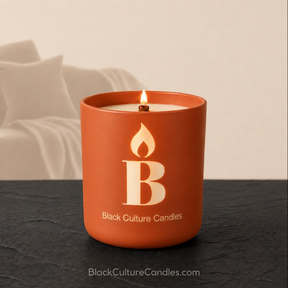 Friday Night Candle by Black Culture Candles. Matte clay brown glass jar with etched logo. 
