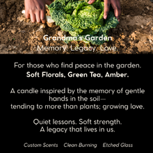 Load image into Gallery viewer, Grandma&#39;s Garden luxury candle in etched glass jar with floral scent notes of green tea, fresh florals, and warm amber — inspired by Black cultural memories and handcrafted with non-toxic wax and a crackling wood wick 
