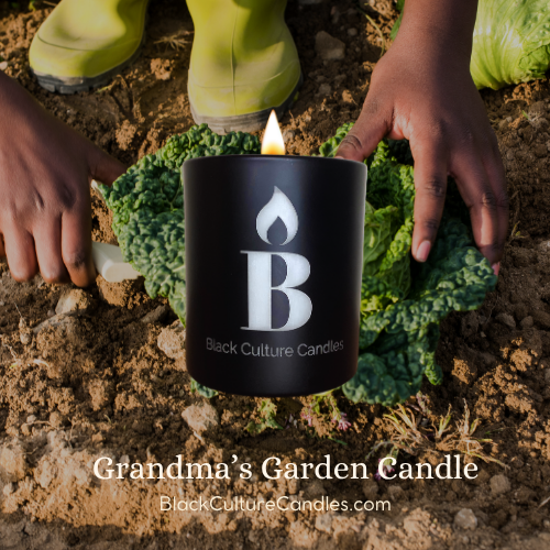 Grandma's Garden luxury candle in etched glass jar with floral scent notes of green tea, fresh florals, and warm amber — inspired by Black cultural memories and handcrafted with non-toxic wax and a crackling wood wick