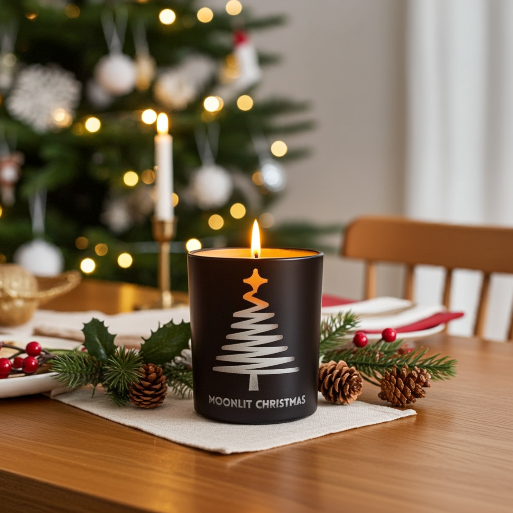 Moonlit Christmas Candle by Black Culture Candles®, a luxury artisan candle in matte black etched glass with a minimalist Christmas tree design. Handcrafted with a coconut apricot wax blend and sustainably sourced wood wick, this elegant holiday candle captures soft florals, fir, and sugar notes for a warm, modern Christmas scent experience.