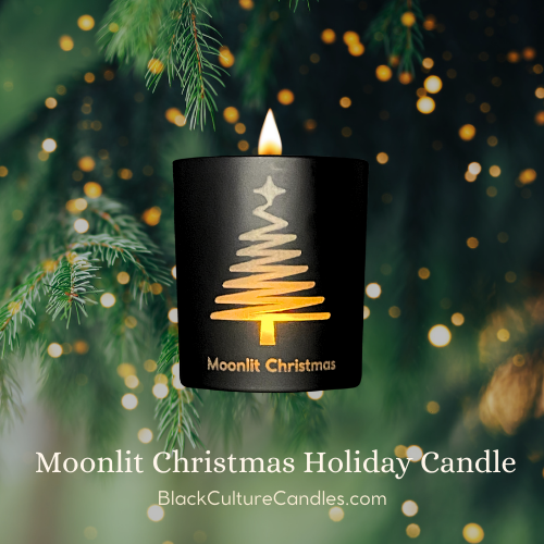 Moonlit Christmas Candle by Black Culture Candles® — a luxury artisan candle in matte black etched glass with a minimalist Christmas tree design. Handcrafted with a coconut apricot wax blend and sustainably sourced wood wick, this elegant holiday candle captures soft florals, fir, and sugar notes for a warm, modern Christmas scent experience.