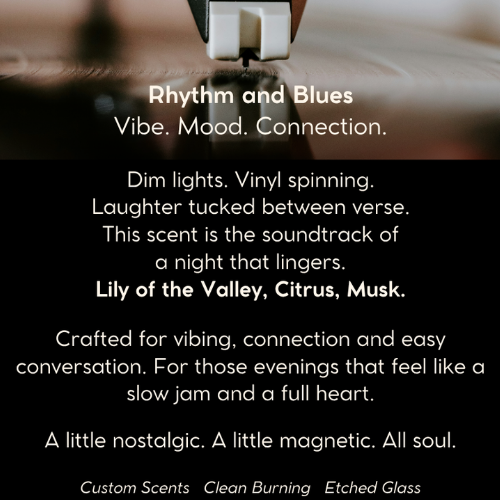 Rhythm & Blues luxury candle in etched glass with scent notes of citrus, lily of the valley, and musk—handcrafted with non-toxic wax and a crackling wood wick. A soulful scent inspired by jazz, gospel, and R&B—honoring culture, memory, and connection. 