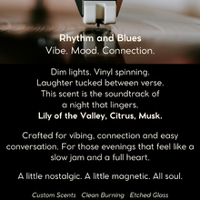 Load image into Gallery viewer, Rhythm &amp; Blues luxury candle in etched glass with scent notes of citrus, lily of the valley, and musk—handcrafted with non-toxic wax and a crackling wood wick. A soulful scent inspired by jazz, gospel, and R&amp;B—honoring culture, memory, and connection. 
