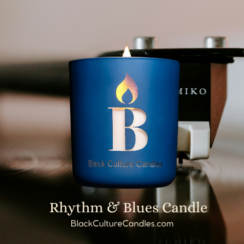 Rhythm & Blues candle in etched glass jar with smooth scent notes of lily of the valley, citrus, and musk — a soulful fragrance handcrafted with non-toxic ingredients and a crackling wood wick, inspired by music, connection, and late-night vibes