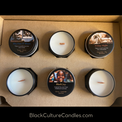 Black Culture Candles Scent Journey Sampler six 2oz candle tins open showing vegan coconut apricot wax and wood wicks
