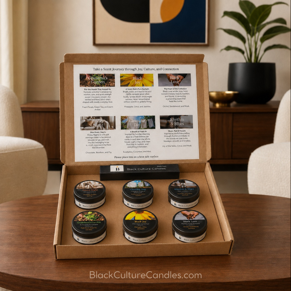Gift-ready Black Culture Candles Scent Journey Sampler box featuring six 2 oz coconut apricot wax candles with wood wicks and phthalate-free fragrance oils.