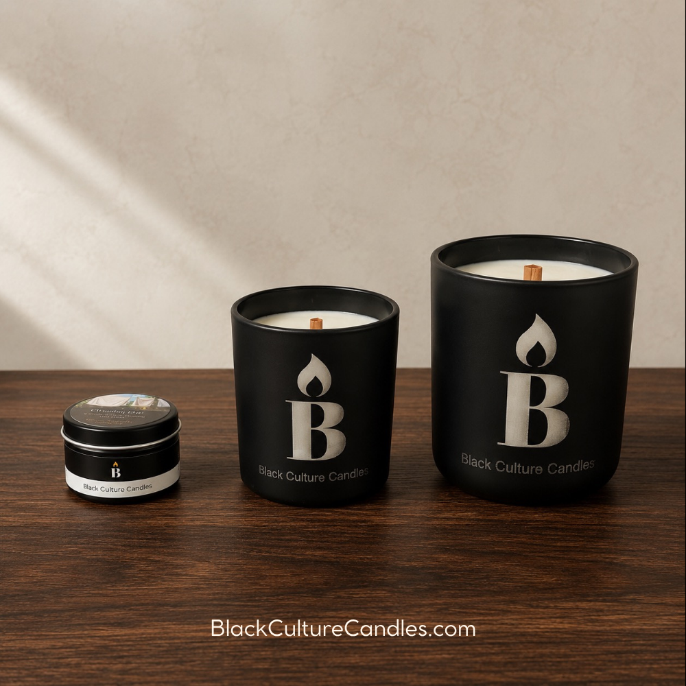 Black Culture Candles size comparison showing the 2 oz Scent Journey Sampler tin beside the 8 oz and 13 oz etched glass candles.