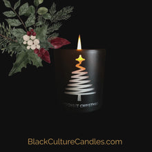 Load and play video in Gallery viewer, Moonlit Christmas is a limited edition candle in a matte black jar with a modern pine tree engraving. The candle is partially burned, revealing a warm and inviting glow, casting a cozy atmosphere. The label on the jar prominently displays the Black Culture Candles logo. BlackCultureCandles.com
