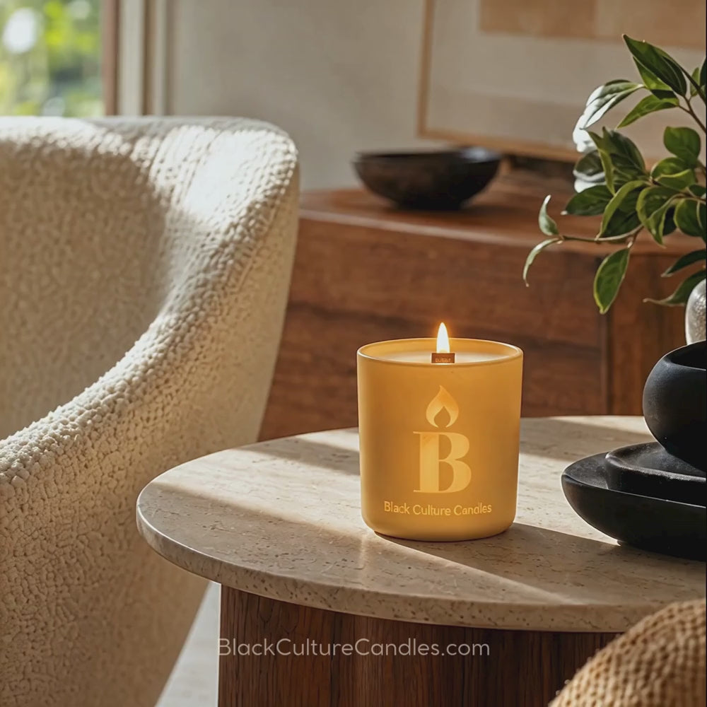 Black Joy candle by Black Culture Candles in laser-etched glass—a bright citrus, lavender, and jasmine fragrance hand-poured in Akron, Ohio.