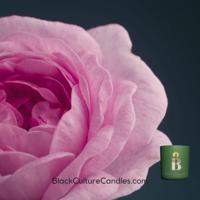 Grandma’s Garden luxury scented candle in etched glass with a floral blend of green tea, peony, and warm amber—handcrafted with non-toxic coconut apricot wax and a crackling wood wick. A scent journey inspired by connection, memory, love, and legacy.