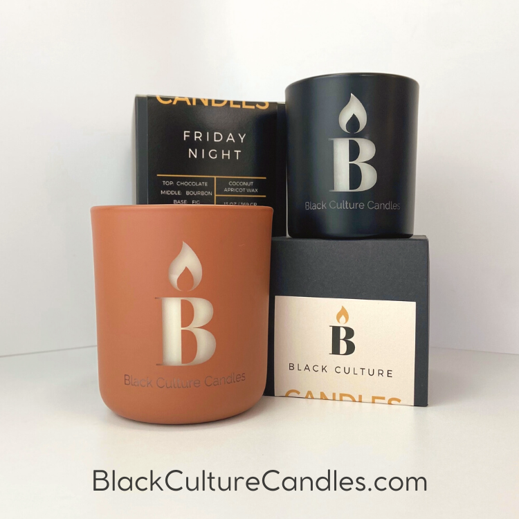 Black Culture Candles Friday Night candle collection showing 13oz clay brown and 8oz matte black etched glass vessels with gift box