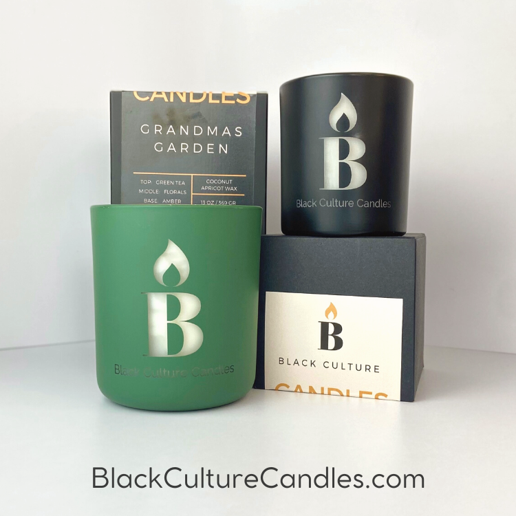 Black Culture Candles Grandma's Garden candle collection showing 13oz matte green and 8oz matte black etched glass vessels with gift box